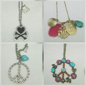 Lot of Four Long Boho Necklaces Peace Signs Hearts